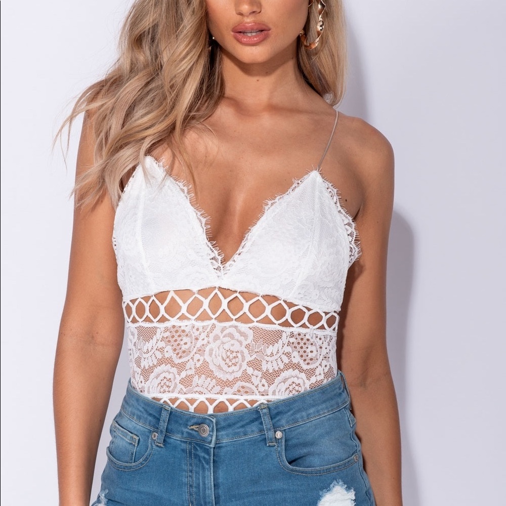 Lace Trim Sheer Panel Strappy Bodysuit